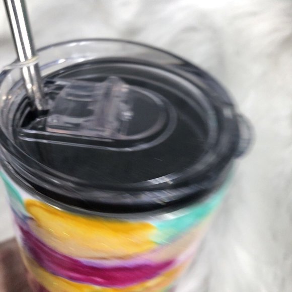 20 Ounce Tumbler Hand-Painted Pinks Pearl Teal Yellow Lid And Straw - Picture 14 of 16